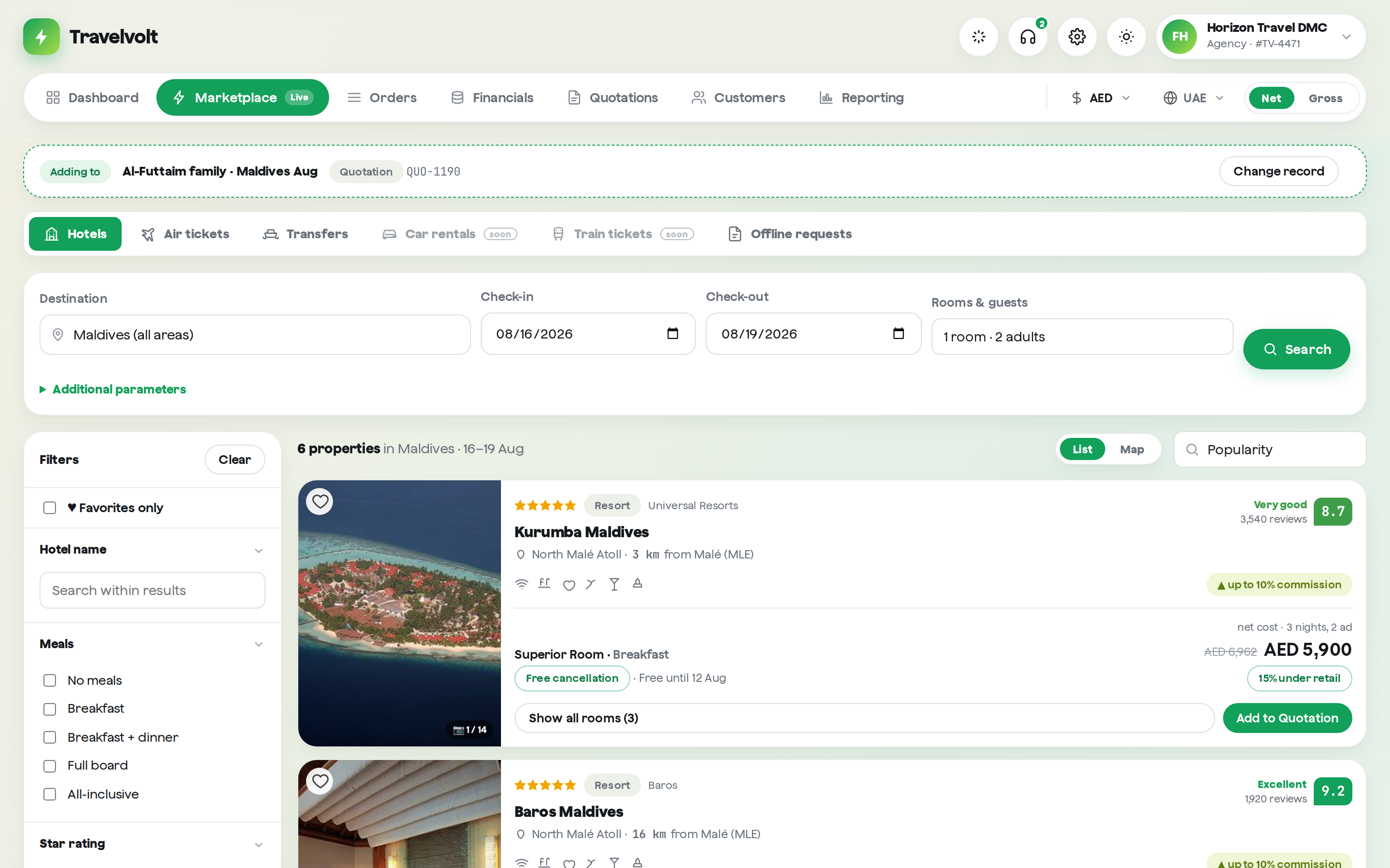 Travelvolt marketplace showing hotel results with net rates and savings vs retail